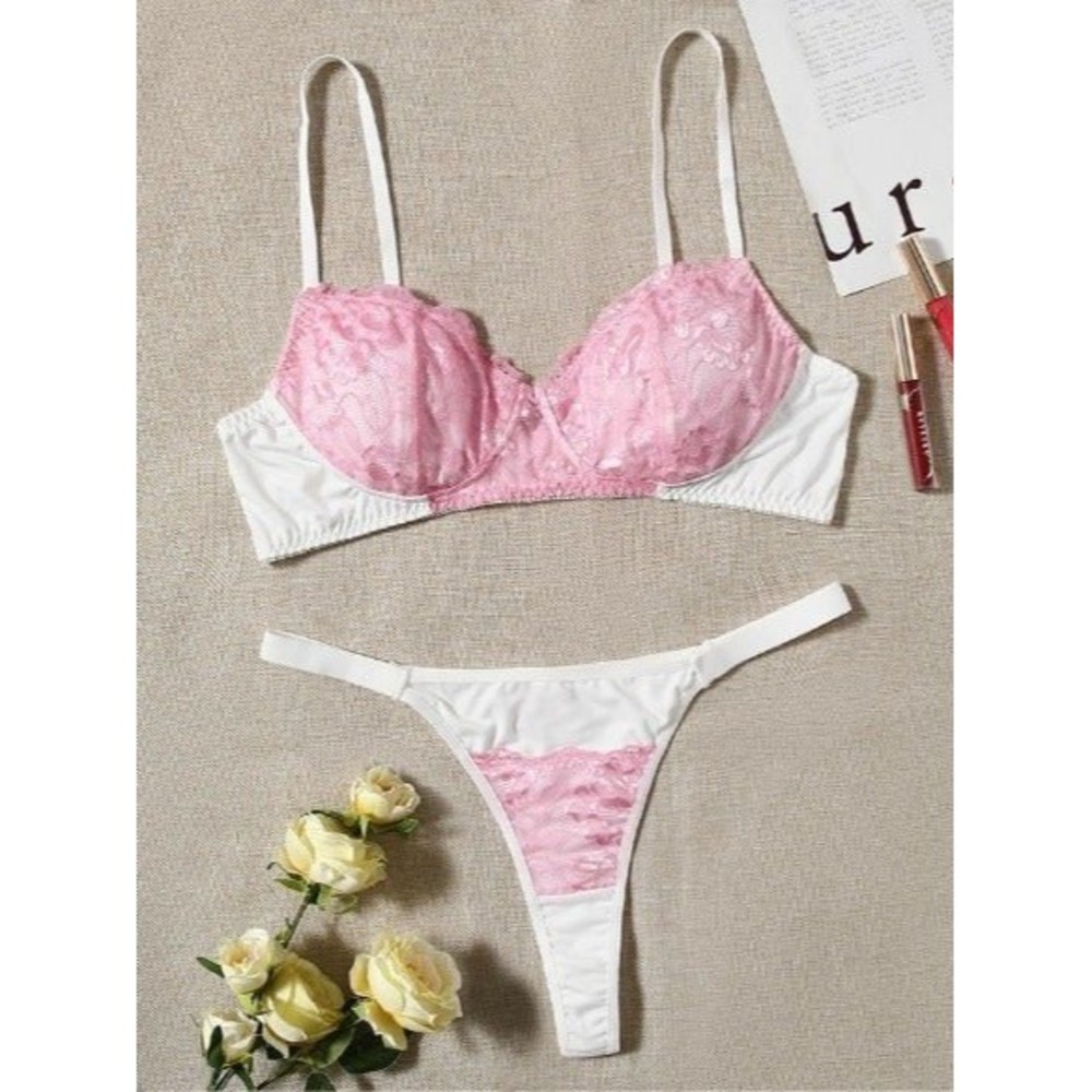US Size 14 Plus (1X) Pink & White Contrast Lace Bra & Panty Lingerie Set